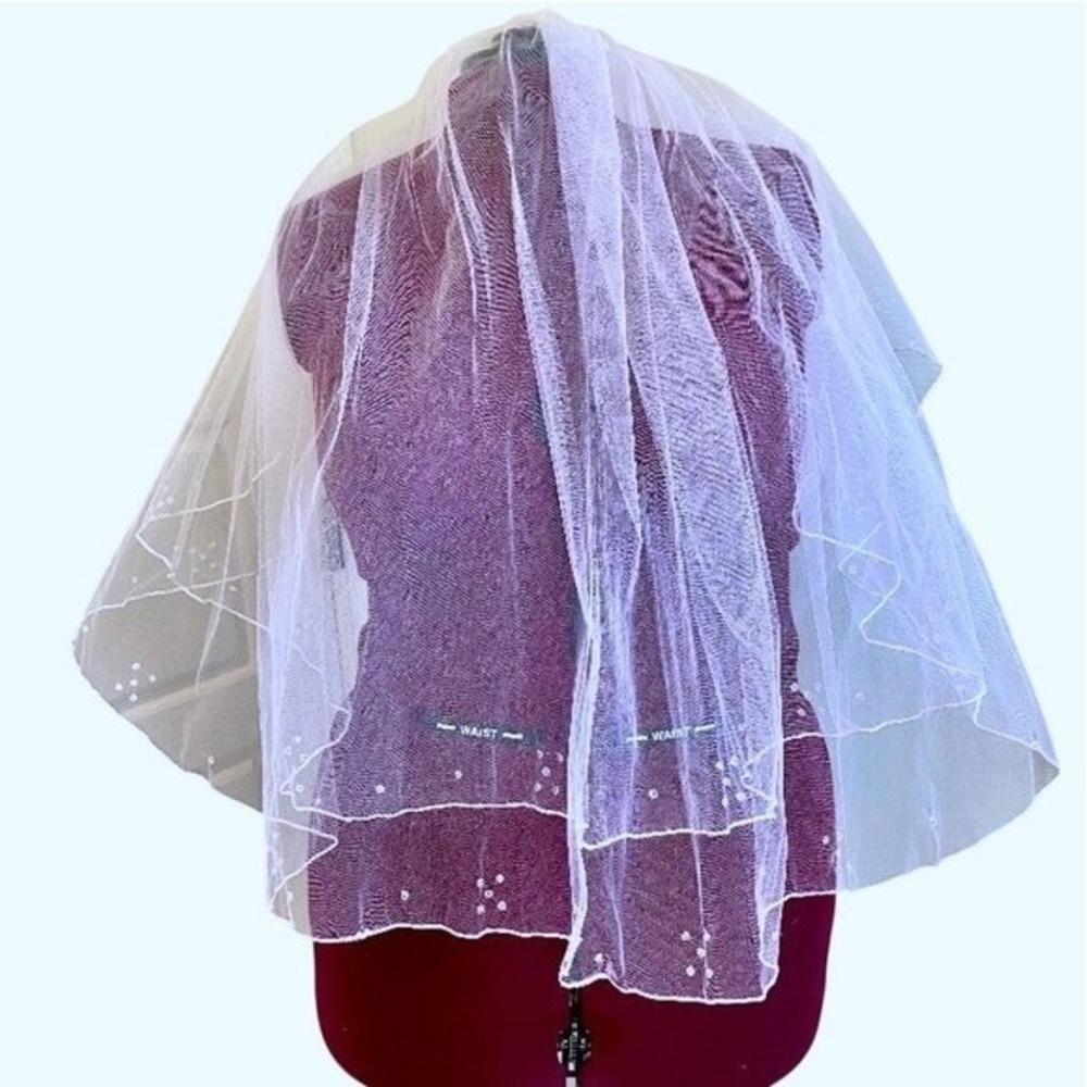 White Bridal Wedding Veil Double Layer 29" Elbow Blusher w/Beaded Detail Lot V25